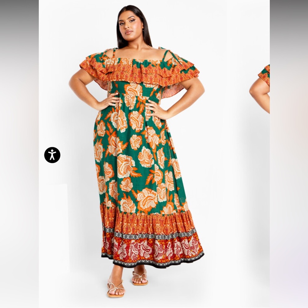 City Chich Green and Orange Floral Off-Shoulder Maxi Dress